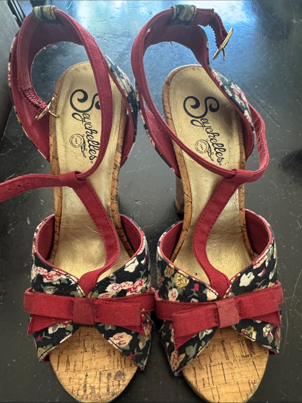 Seychelles Floral Cork Wedge Sandals with Red Straps